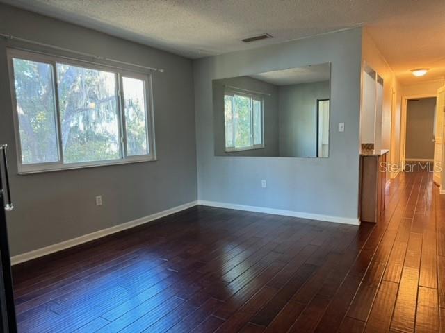 unfurnished room featuring a textured ceiling, plenty of natural light, and dark wood-type flooring