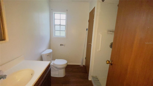 bathroom with vanity, toilet, and wood-type flooring