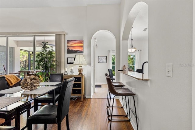 dining space featuring dark hardwood / wood-style floors, a wealth of natural light, and ceiling fan