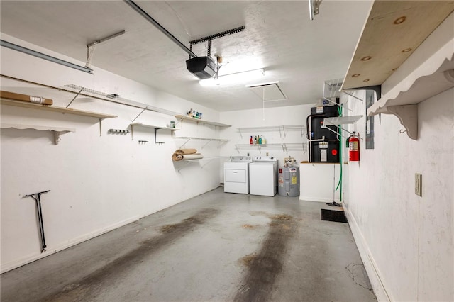 garage with heating unit, water heater, a garage door opener, and independent washer and dryer