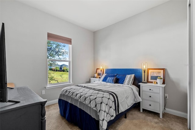 bedroom with light colored carpet