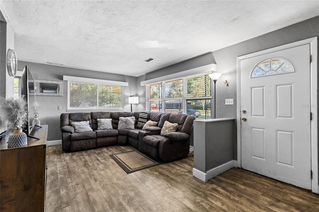 living room featuring dark hardwood / wood-style flooring and a textured ceiling