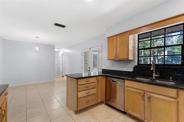 kitchen with dishwasher, dark stone counters, french doors, sink, and decorative light fixtures