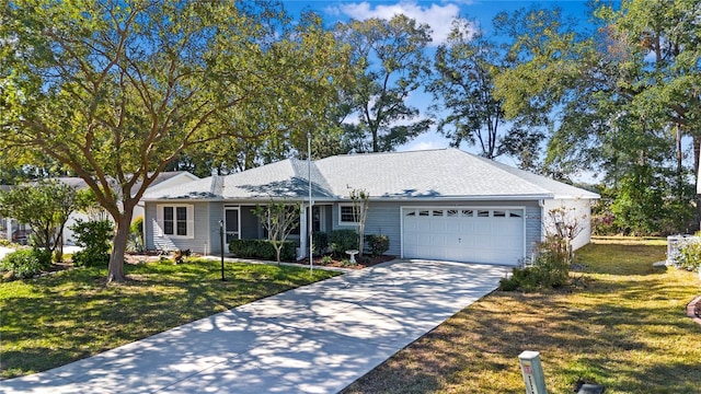 ranch-style house with a garage and a front yard