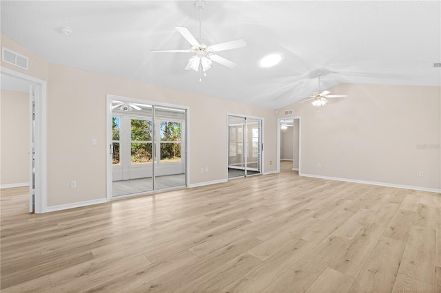 interior space featuring ceiling fan, light hardwood / wood-style floors, and lofted ceiling