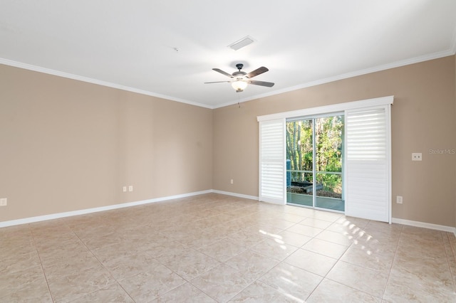 empty room featuring crown molding, ceiling fan, and light tile patterned flooring