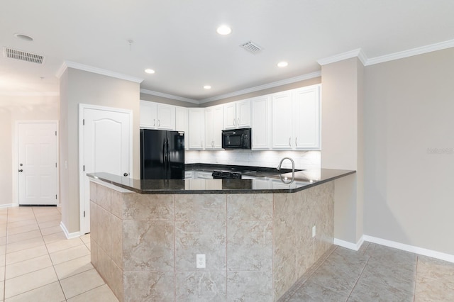 kitchen featuring black appliances, white cabinetry, kitchen peninsula, and crown molding