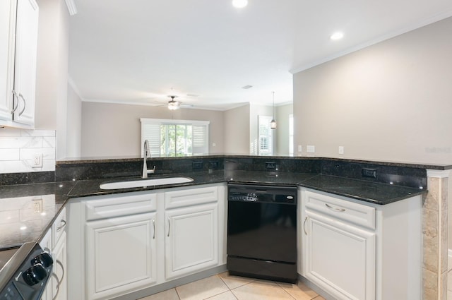 kitchen with ceiling fan, sink, black dishwasher, stainless steel range oven, and white cabinets