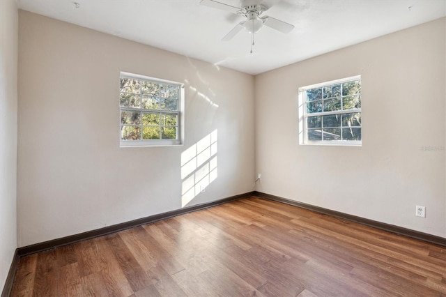 empty room with a wealth of natural light, ceiling fan, and hardwood / wood-style flooring