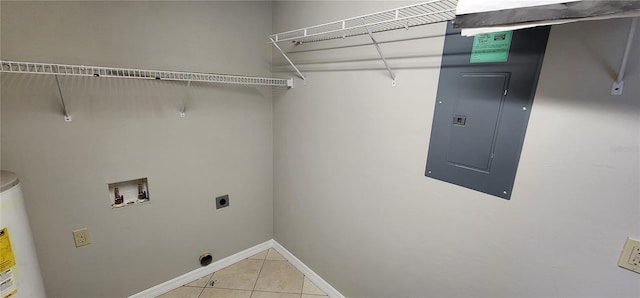 washroom with washer hookup, gas water heater, electric dryer hookup, tile patterned floors, and electric panel