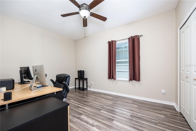 office area with ceiling fan and hardwood / wood-style floors