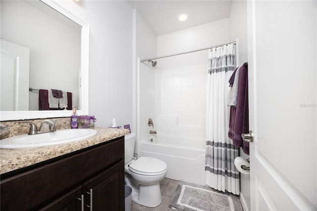 full bathroom featuring toilet, vanity, tile patterned floors, and shower / bathtub combination with curtain