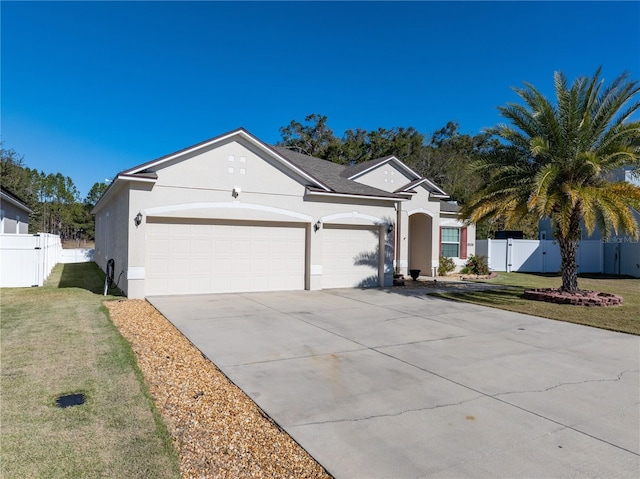 ranch-style house featuring a front lawn and a garage