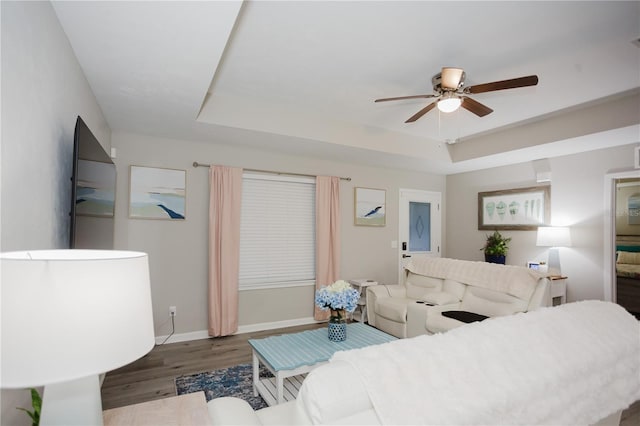 bedroom with hardwood / wood-style floors, ceiling fan, and a tray ceiling