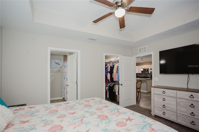 bedroom with a closet, a walk in closet, dark hardwood / wood-style floors, and ceiling fan