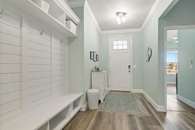 mudroom with dark wood-type flooring and ornamental molding