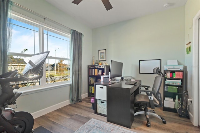 home office with hardwood / wood-style flooring and ceiling fan