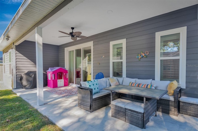 view of patio / terrace featuring ceiling fan and an outdoor hangout area