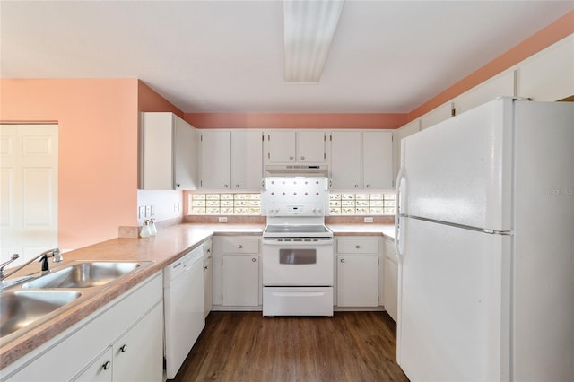 kitchen featuring dark hardwood / wood-style floors, white cabinetry, white appliances, and sink