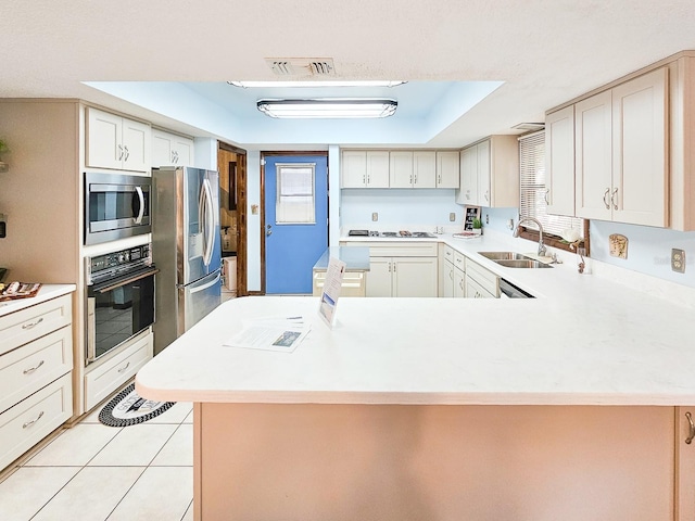 kitchen featuring light tile patterned flooring, sink, white cabinets, kitchen peninsula, and stainless steel appliances