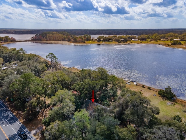 drone / aerial view featuring a water view