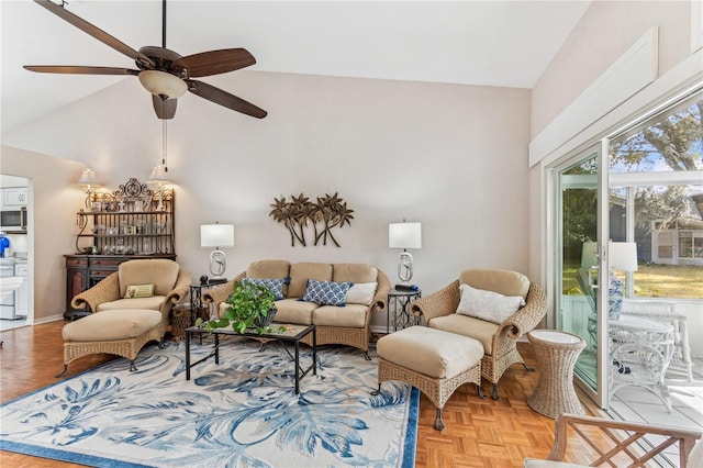 living room featuring parquet floors, lofted ceiling, and ceiling fan