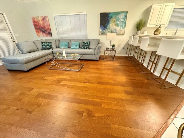 living room with light hardwood / wood-style flooring