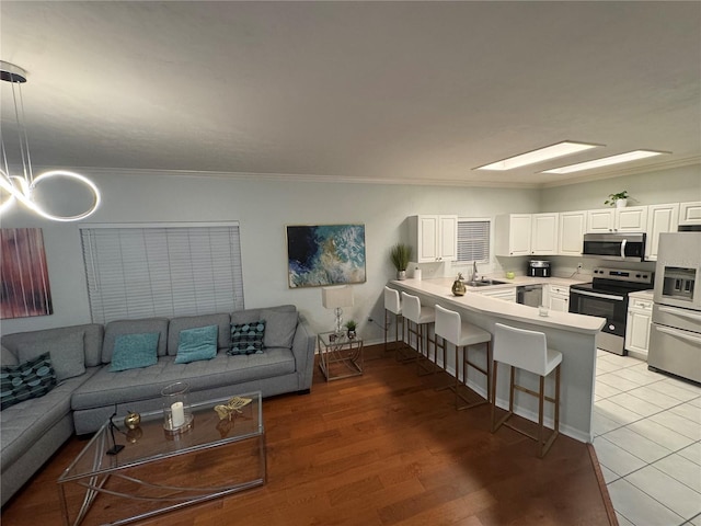 living room featuring a skylight, light hardwood / wood-style flooring, crown molding, and sink