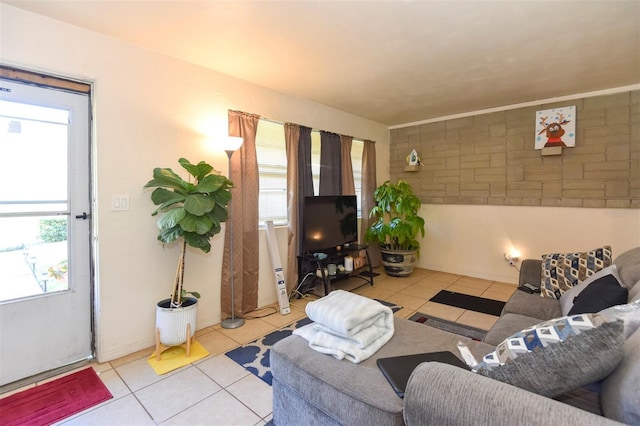 living room featuring light tile patterned flooring