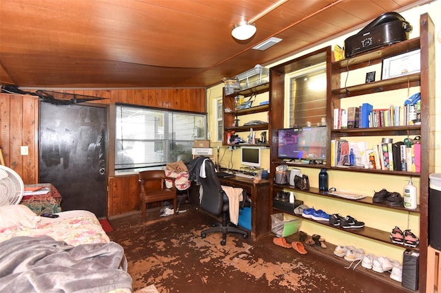 home office with vaulted ceiling, wood ceiling, and wood walls