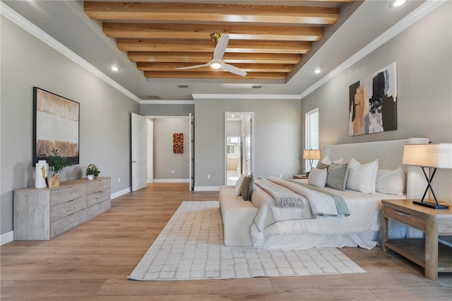 5040 SW 125th Cir, Archer, FL 32618 - bedroom with light wood-style floors, ornamental molding, recessed lighting, beamed ceiling, and ensuite bath