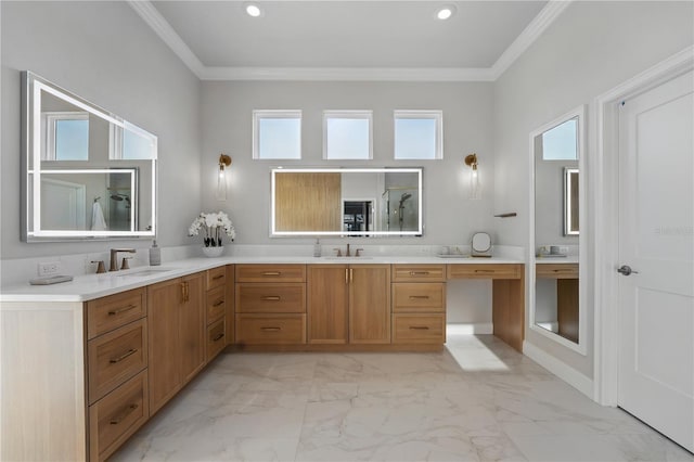 5040 SW 125th Cir, Archer, FL 32618 - bathroom with marble look tiles, double vanity, healthy amount of natural light, crown molding, and recessed lighting
