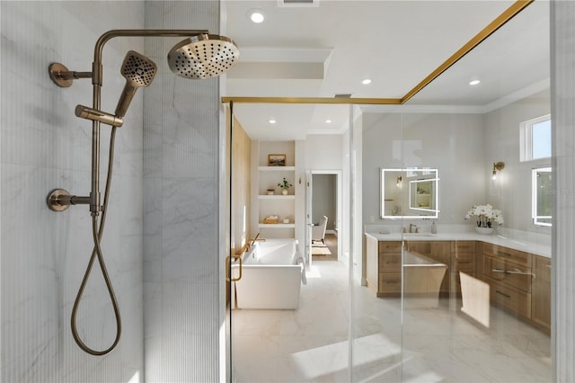 5040 SW 125th Cir, Archer, FL 32618 - full bathroom featuring crown molding, an enclosed shower, vanity, a soaking tub, and marble finish flooring