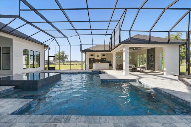 5040 SW 125th Cir, Archer, FL 32618 - view of pool featuring a patio area, a ceiling fan, an outdoor living space, area for grilling, and glass enclosure