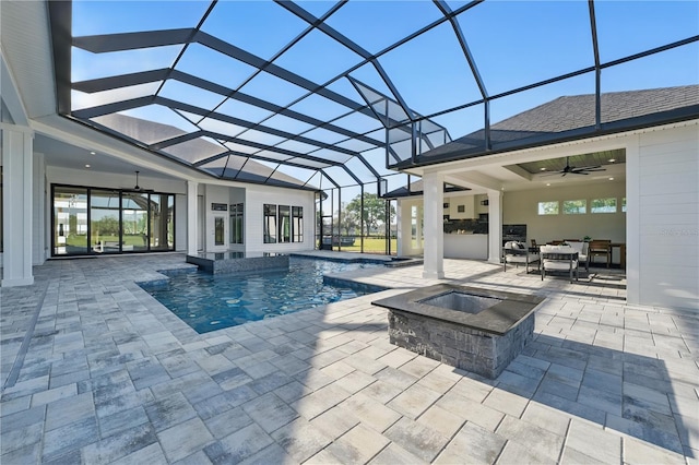 5040 SW 125th Cir, Archer, FL 32618 - outdoor pool with ceiling fan, a patio, area for grilling, glass enclosure, and an outdoor living space with a fire pit
