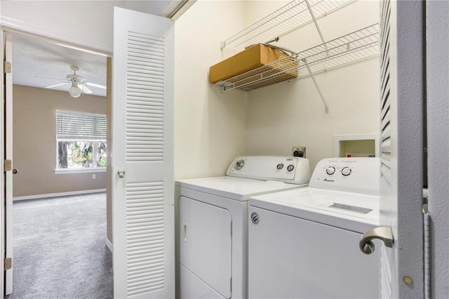 washroom with carpet flooring, washing machine and dryer, and ceiling fan