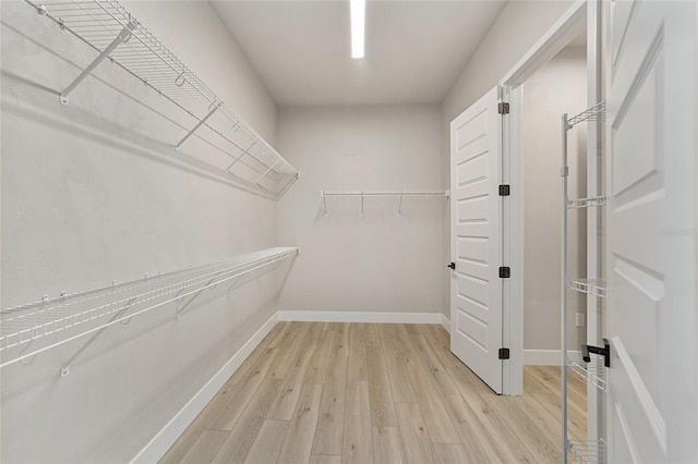 walk in closet with light hardwood / wood-style floors