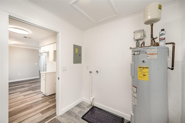 utility room featuring electric panel and water heater