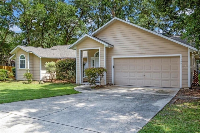 8309 SW 61st Pl, Gainesville, FL 32608 - ranch-style house with concrete driveway, an attached garage, and a front lawn