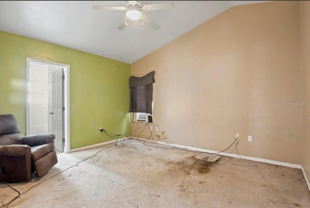 unfurnished room with ceiling fan, cooling unit, light carpet, and lofted ceiling