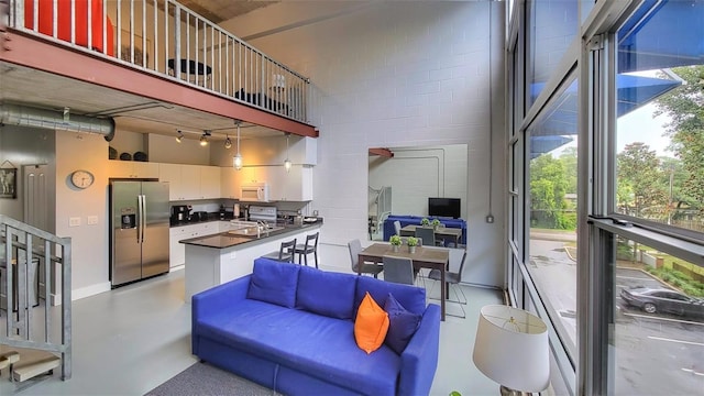 living room with sink and a towering ceiling