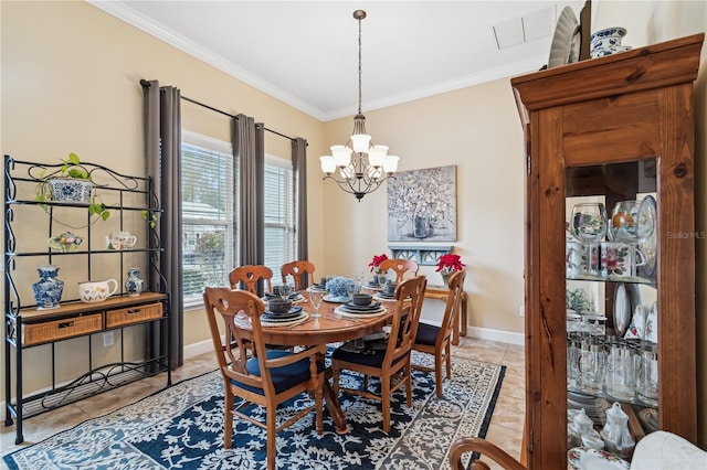 tiled dining space featuring ornamental molding and a notable chandelier