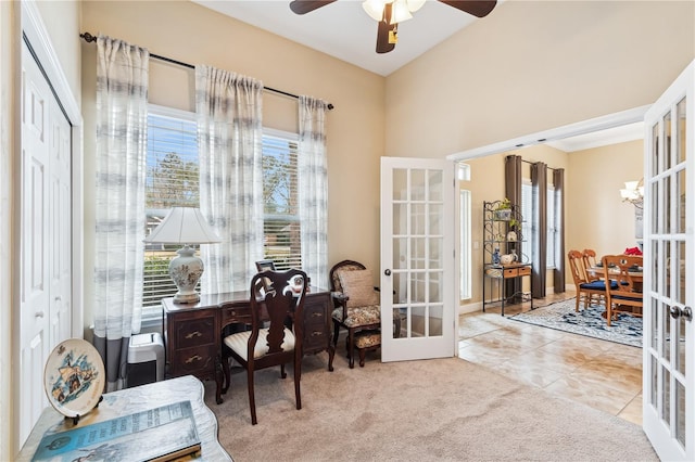 office space with ceiling fan, french doors, and carpet