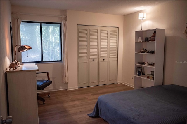 bedroom with hardwood / wood-style floors and a closet