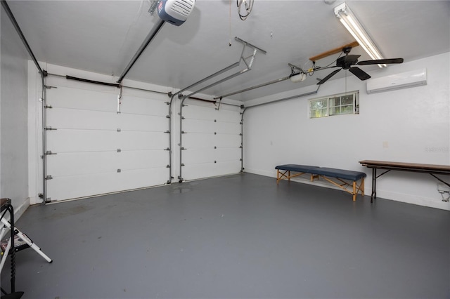 garage featuring ceiling fan, a garage door opener, and a wall unit AC