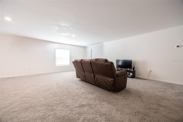 living room with carpet floors and a textured ceiling