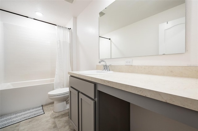 full bathroom with tile patterned flooring, vanity, toilet, and shower / bath combo with shower curtain