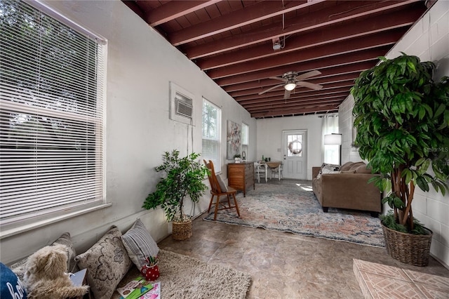 interior space with vaulted ceiling with beams, ceiling fan, and wood ceiling