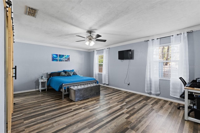 bedroom featuring multiple windows, ceiling fan, dark hardwood / wood-style flooring, and crown molding