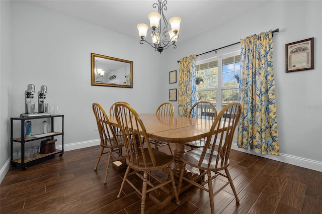 dining space featuring a notable chandelier and dark hardwood / wood-style flooring